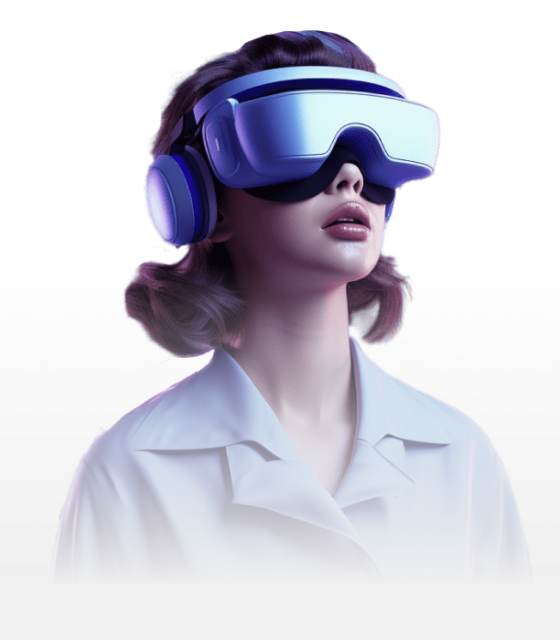 Mulher de cabelo castanho na altura dos ombros, vestindo uma camisa de botões, usando um óculos de realidade virtual.